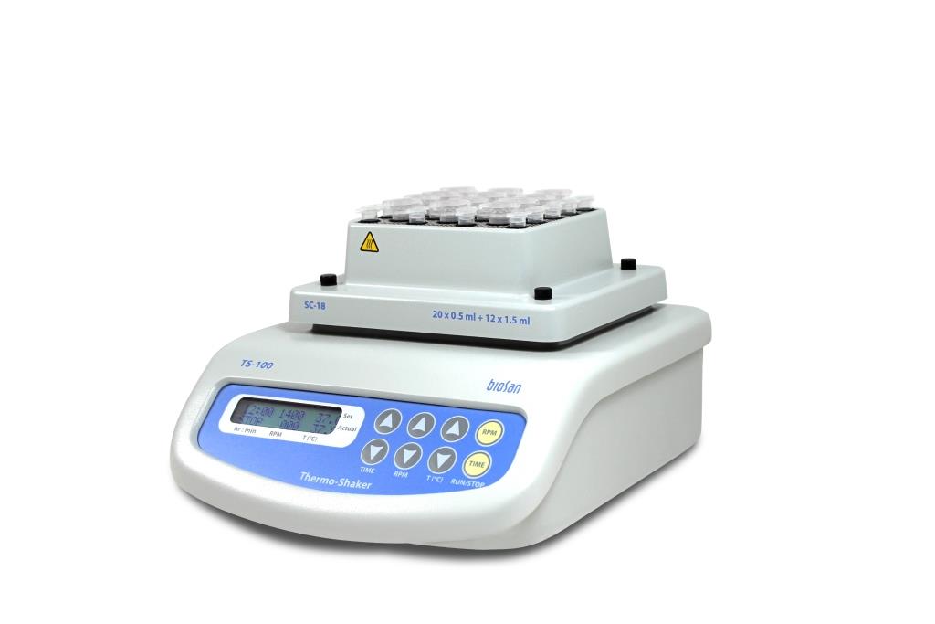 Термошейкер TS-100 для микропробирок типа Эппендорф, ПЦР-пробирок и ПЦР-планшетов, 250–1400 об/мин, 25-100°C
