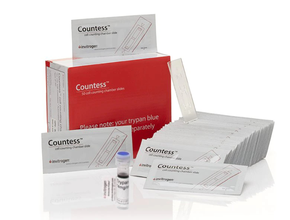Слайды для счетчика клеток Countess™ (50 шт/уп.), 2×1 мл 0,4% трипанового синего (не для использования в медицинских целях)